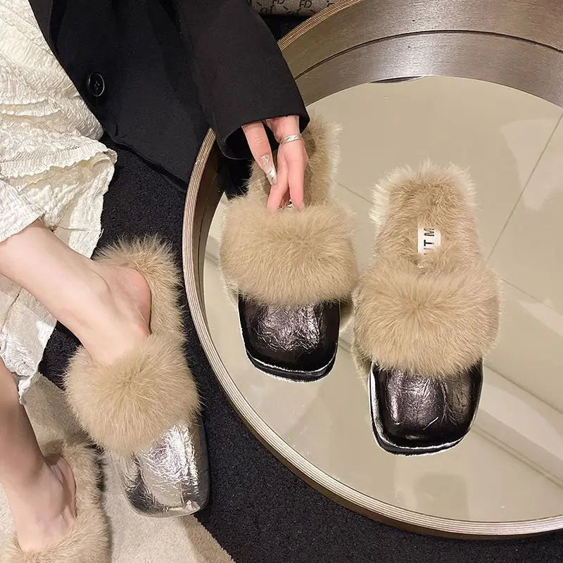 Women's Plush Flat Half Slippers – Warm Non-Slip Winter Shoes