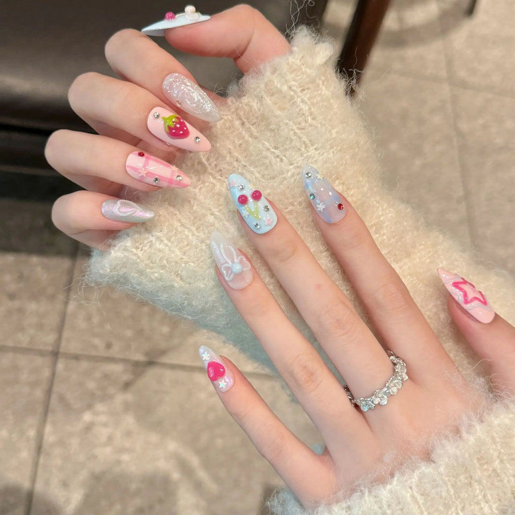 3D Press-On Nails Korean Sweet Pink Blue Almond Tips | YADORNOS