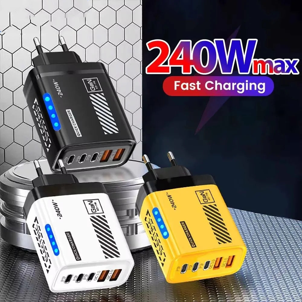 240W 5-Port GaN Fast Charger USB-C PD QC3.0 Desktop Adapter