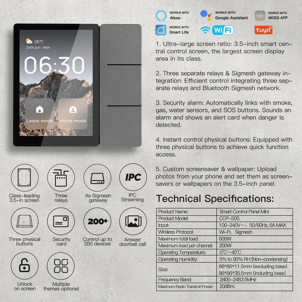 Tuya Wifi Smart Center Control Panel Touch Central Screen 3 Relays