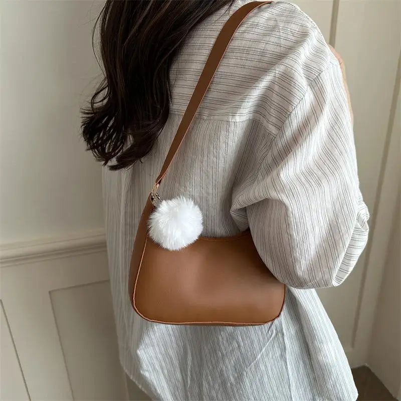 Women's PU Leather Hobo Shoulder Bag with Pom-Pom Charm