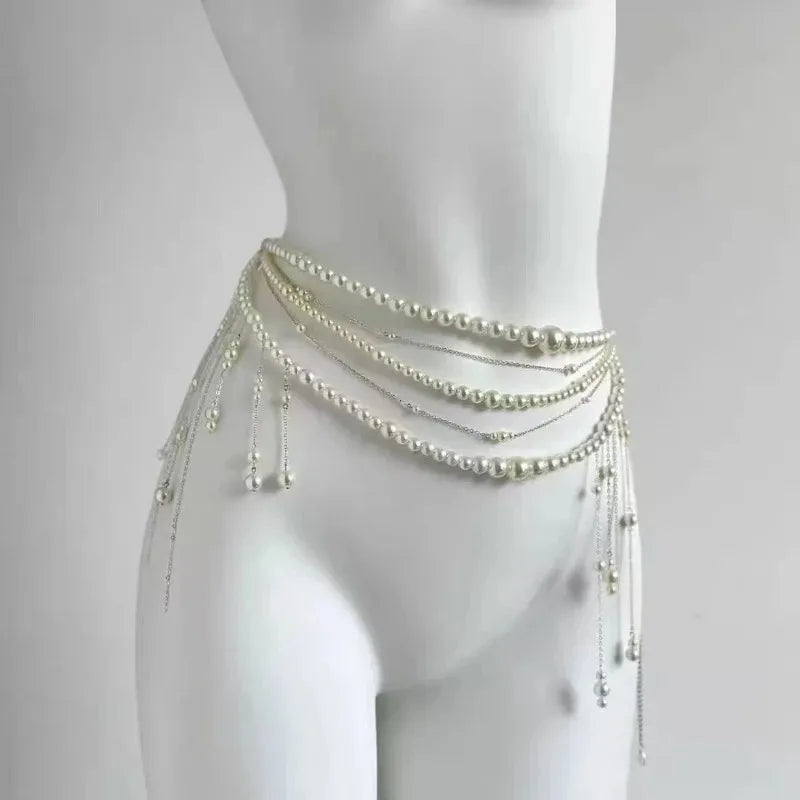 Multilayer Pearl Waist Chain Belt – Y2K Retro Women's Fashion