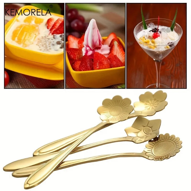 8-Piece Golden Flower Mini Spoon Set – Stainless Steel Dessert