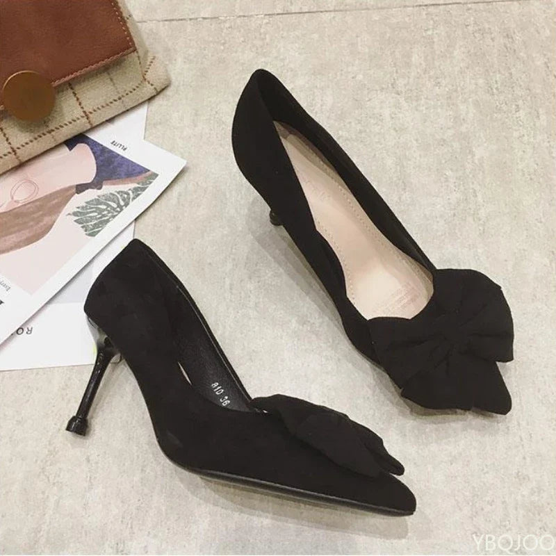 Women's Bow Tie Velvet High Heel Pumps – Pointed Toe Slip-On