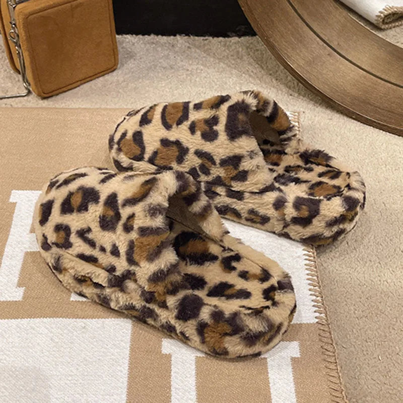 Women's Leopard Furry Slippers – Plush Warm Winter Slides