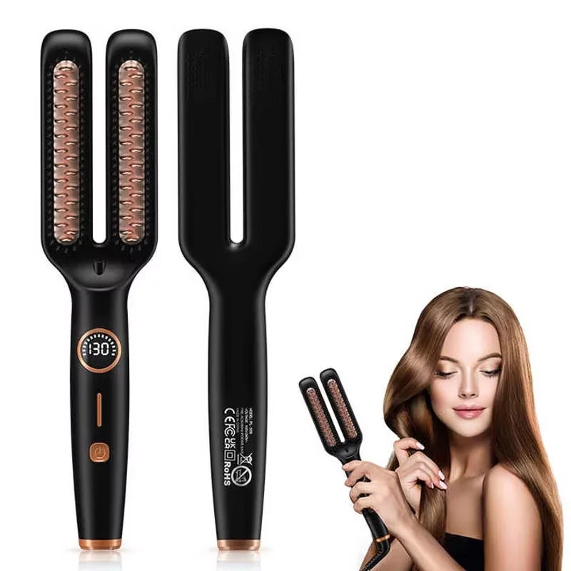 2-in-1 Ceramic Hair Straightener Brush & Curling Iron