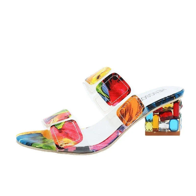 Women's Gem Print 6CM Block Heel Pointed Toe Sandals
