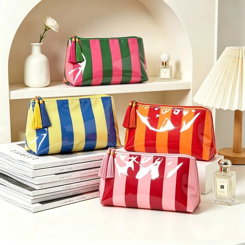 2026 PVC Striped Cosmetic Bag Makeup Fringe Zipper Waterproof Travel