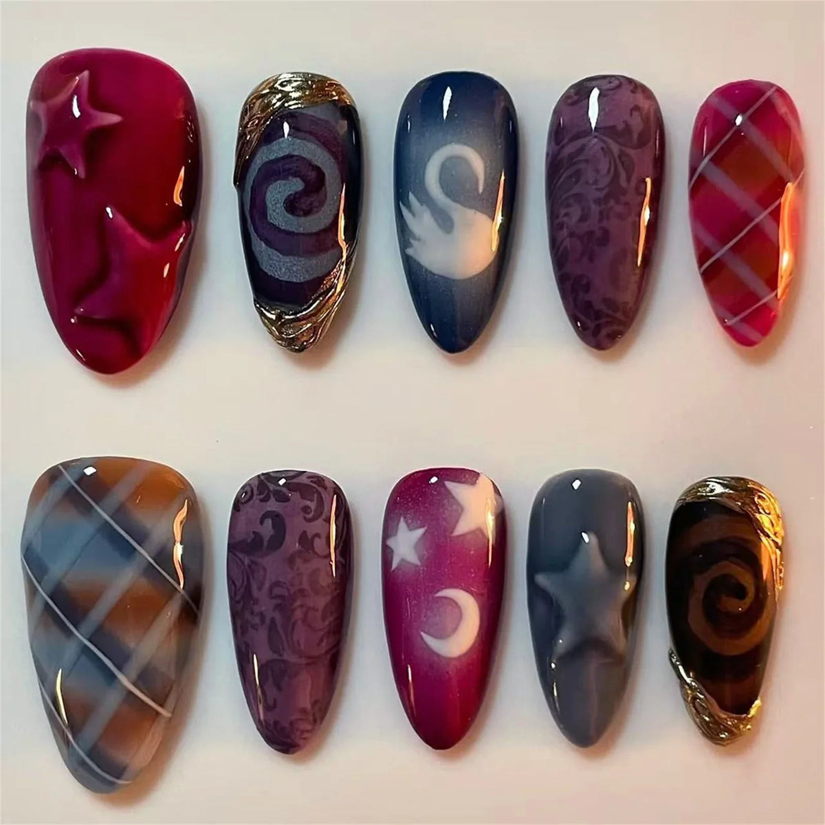 24pcs Star Metallic Press On Nails – Almond Reusable False Nails