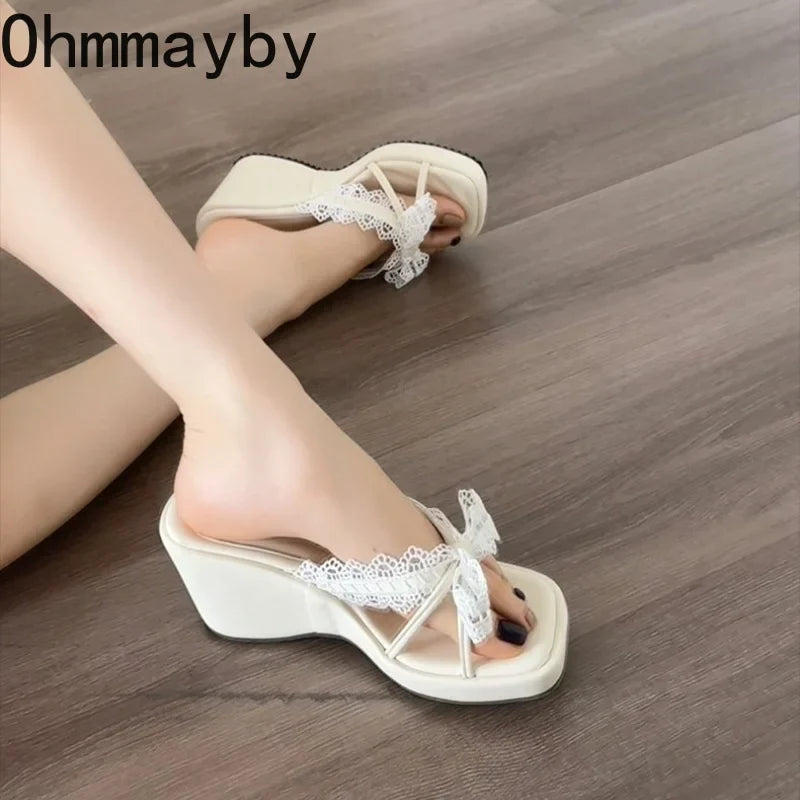 Women's Lace Wedge Slippers – Open Toe Floral Summer Slides