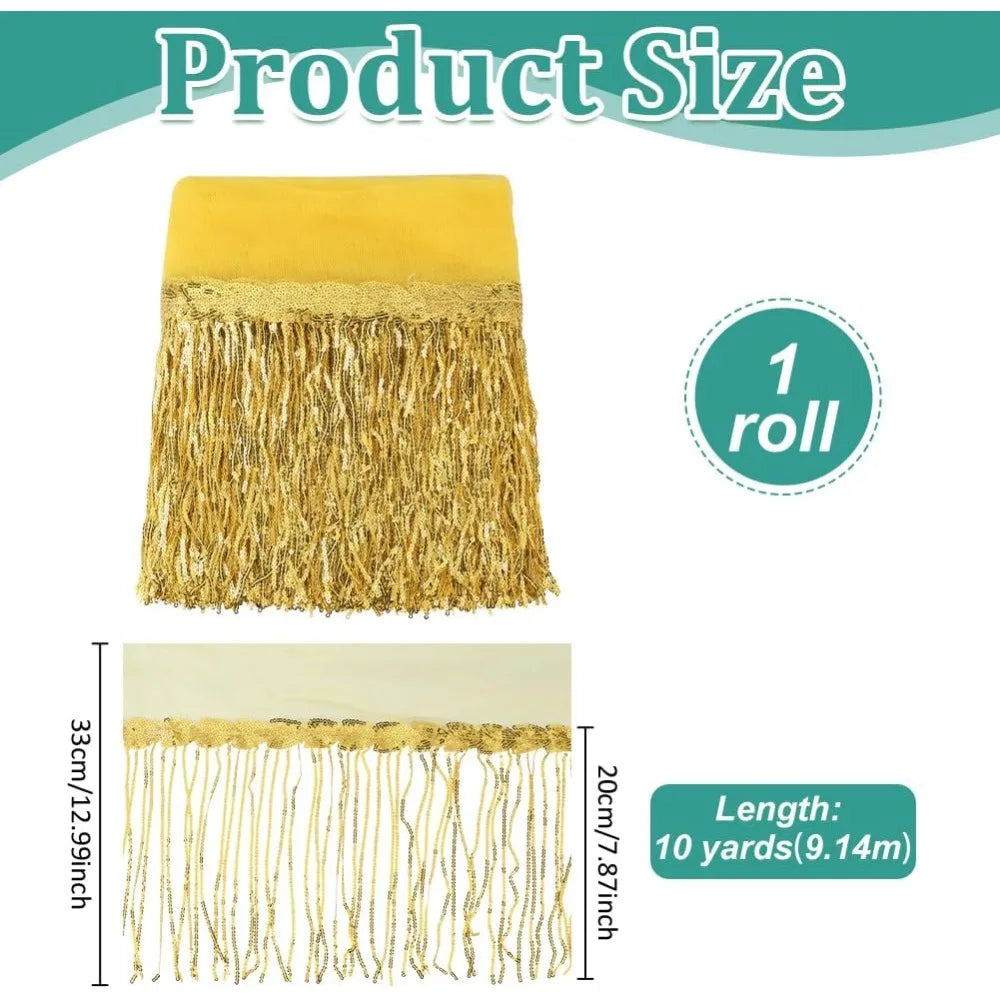 10 Yards Gold Sequin Tassel Fringe Trim Ribbon – 13 Inch Wide