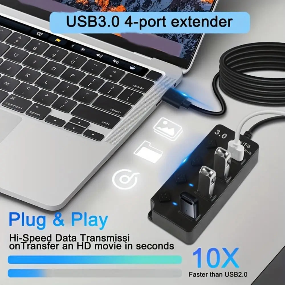 4-Port USB 3.0 Hub 5Gbps with Switch & Long Cable