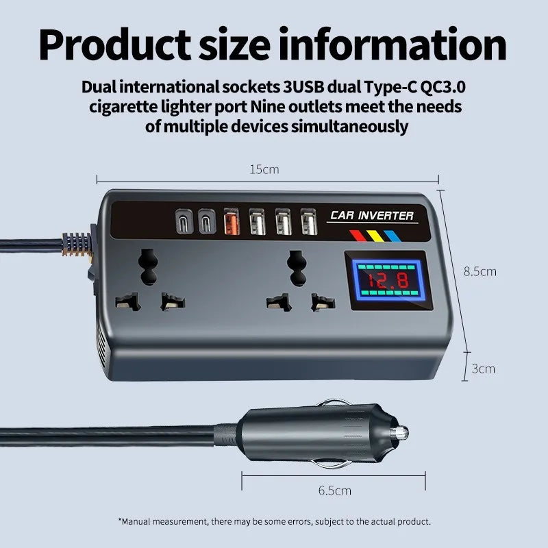 200W Car Power Inverter 9-in-1 | DC 12/24V to AC 220V + USB-C PD