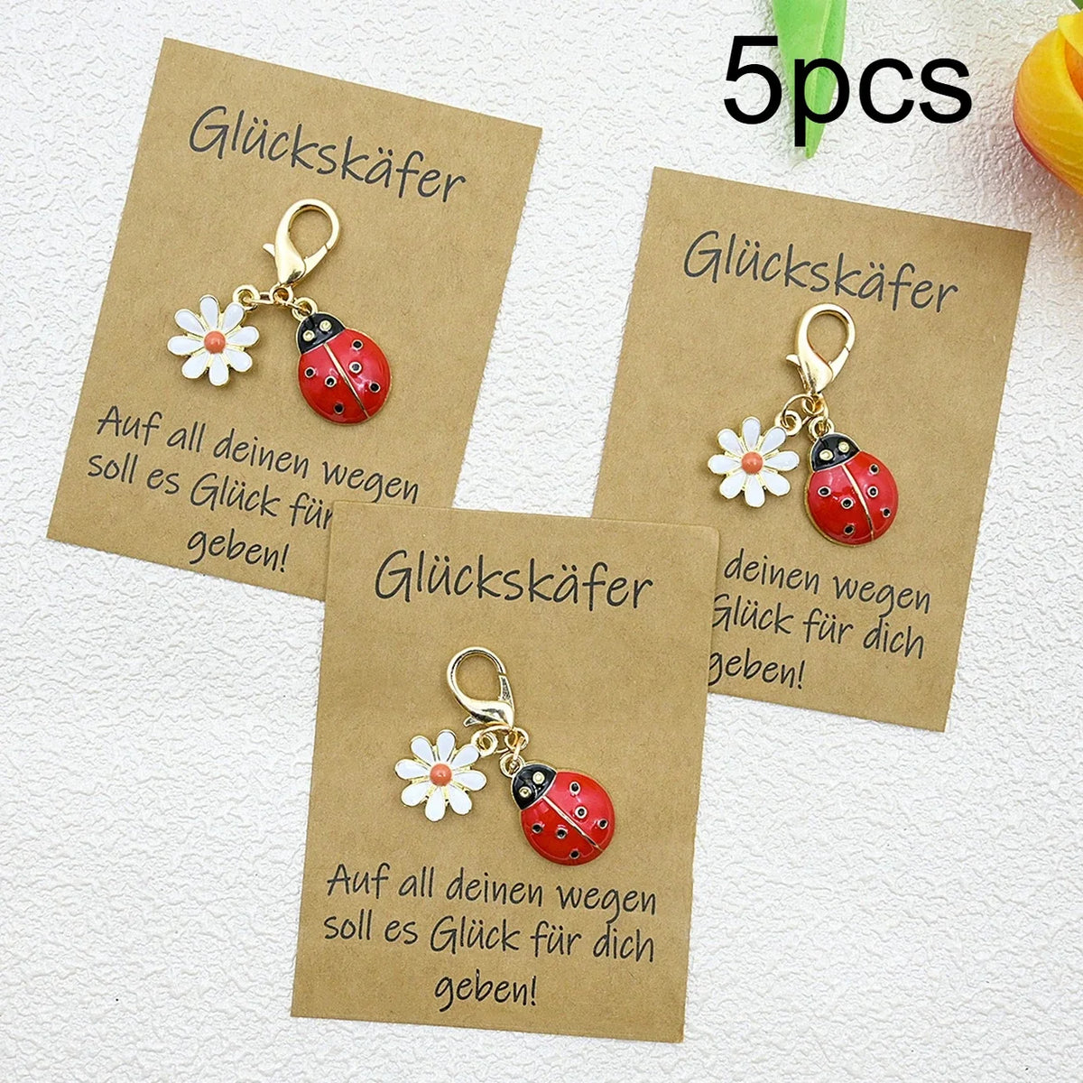 Lucky Ladybug Earrings, Keychain & German Blessing Card Gift Set