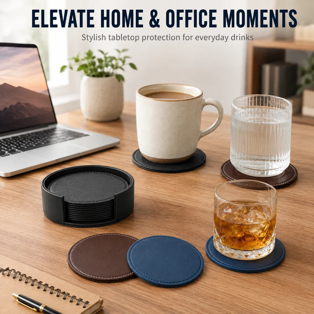 PU Leather Drink Coaster Set of 6 with Holder – Heat Resistant