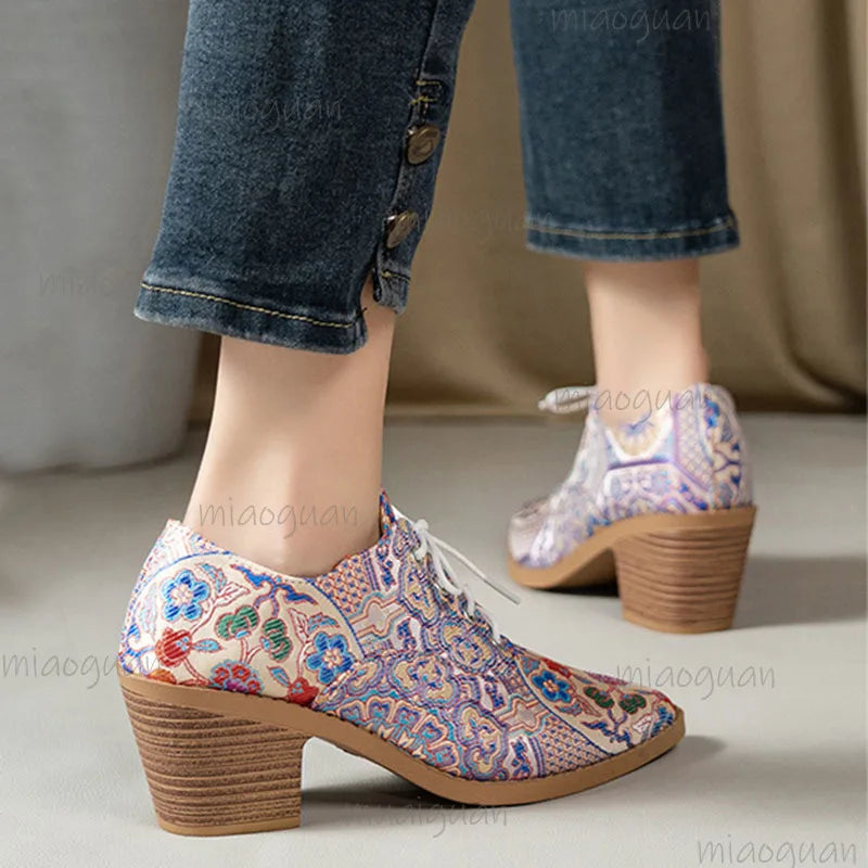 Printed Lace-Up High Heel Pumps – Women's Round Toe Shoes