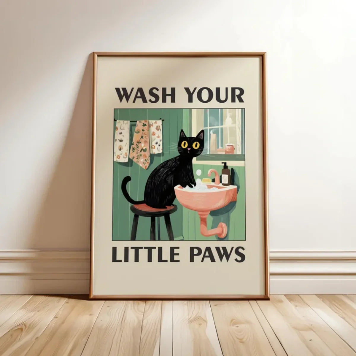 Funny Cat "Wash Your Paws" Canvas Wall Art | Bathroom Decor