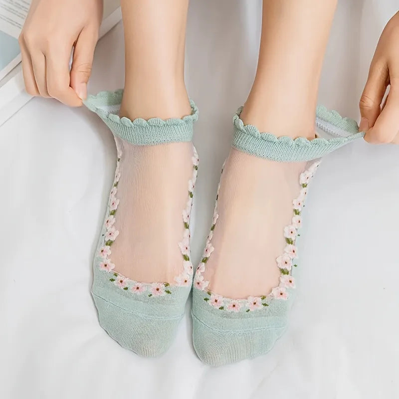 Women's Sheer Floral Embroidered Ankle Socks – 5 Pairs Ruffle