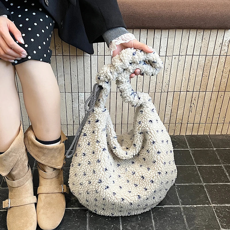 Korean Faux Fur Polka Dot Crossbody Tote Bag for Women