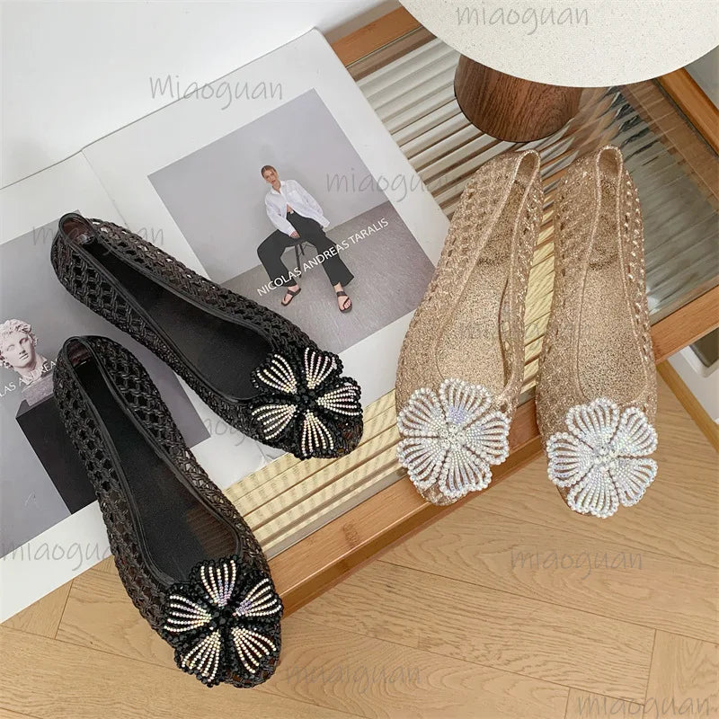 Crystal Jelly Sandals – Diamond Flower Pointed Toe Flats for Women