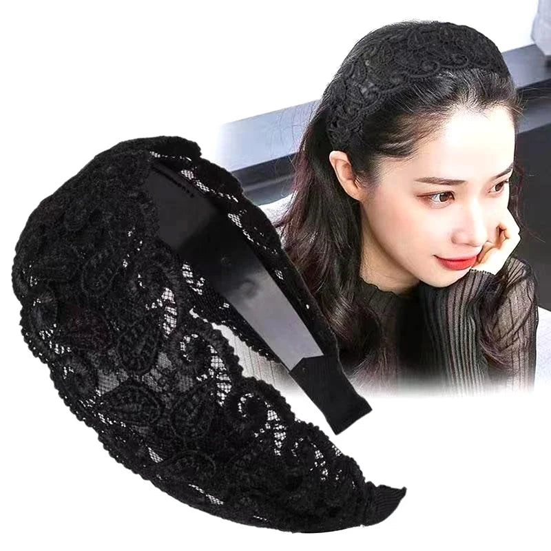 Korean Lace Flower Wide Headband – Non-Slip Vintage Hair Hoop