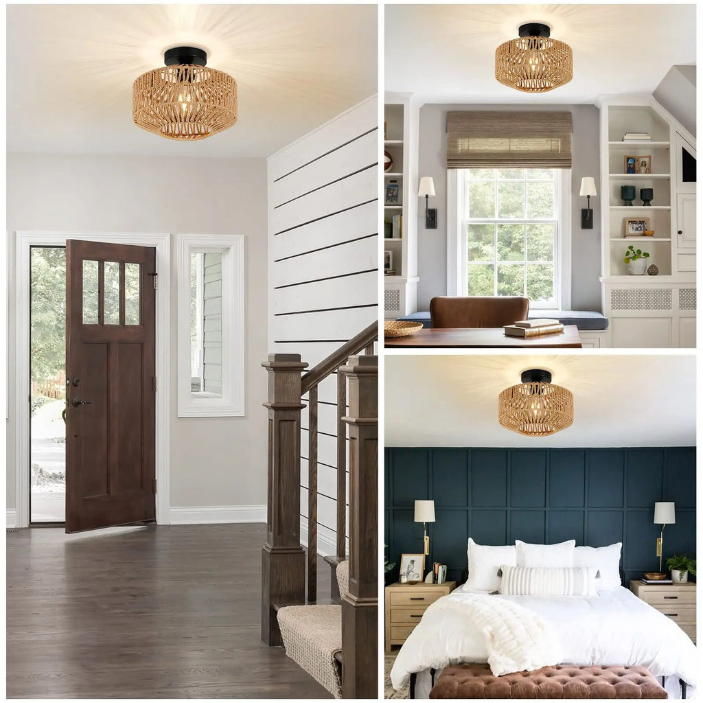 Hand-Woven Rattan Ceiling Lamp | E27 Boho Pendant Light