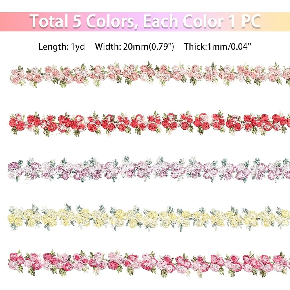 5-Color Floral Lace Trim Ribbon Set – 5 Yards, 20mm Wide