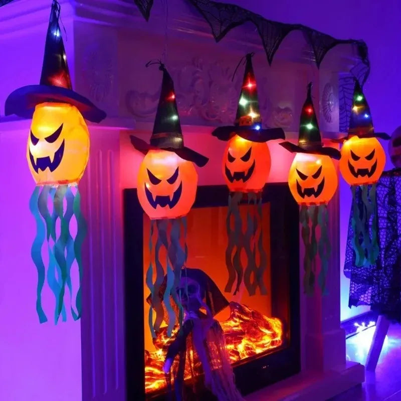 Halloween LED Ghost Hat Lantern | Glowing Pumpkin Hanging Light