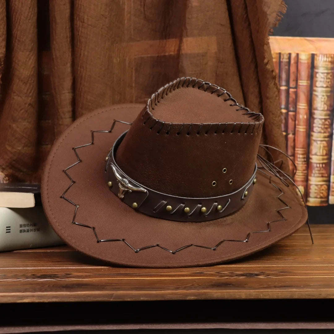 Vintage Brown Faux Suede Western Cowboy Hat Bull Skull Arrow Stitch