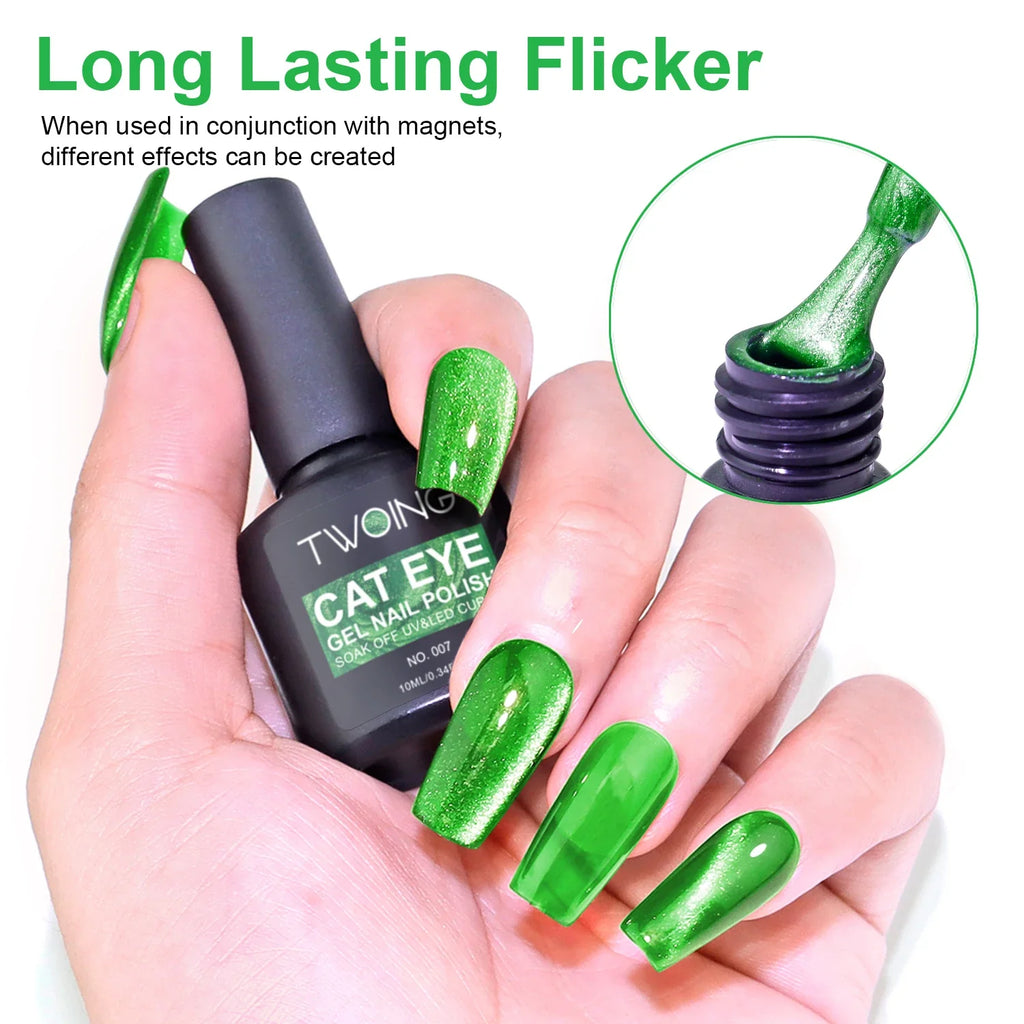 Green Cat Eye Gel Polish Glossy Magnetic Nail Holographic 9D Effect