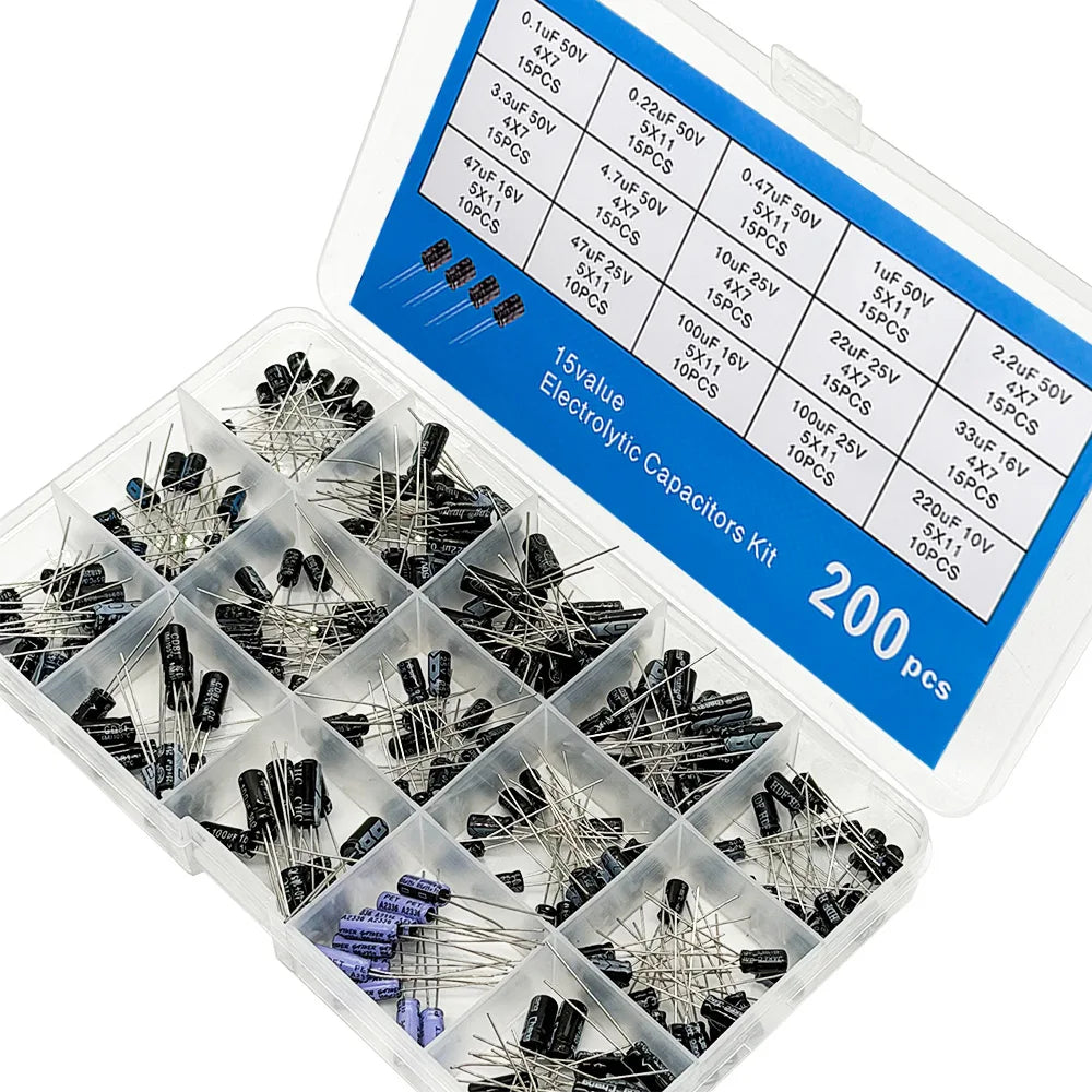 200 PCS Electrolytic Capacitor Kit – 15 Values 10V–50V