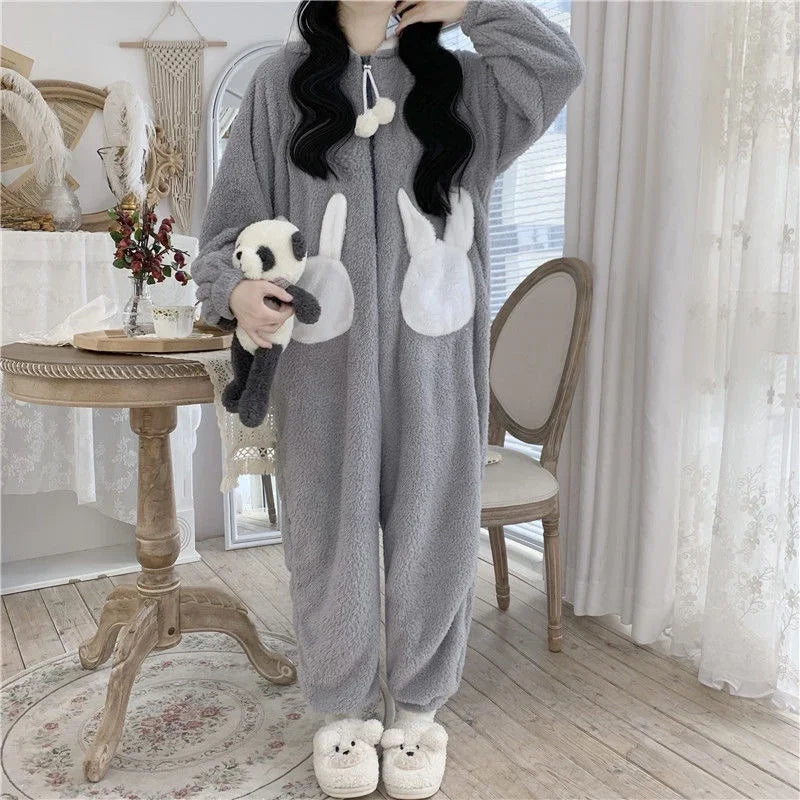 Women's Bunny Hooded Kigurumi Onesie – Kawaii Winter Pajamas