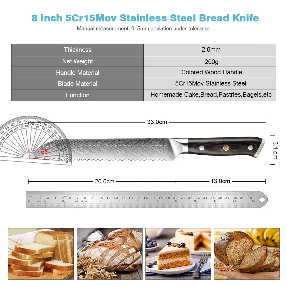 XITUO 8" Serrated Bread Knife – Damascus Steel Laser Blade
