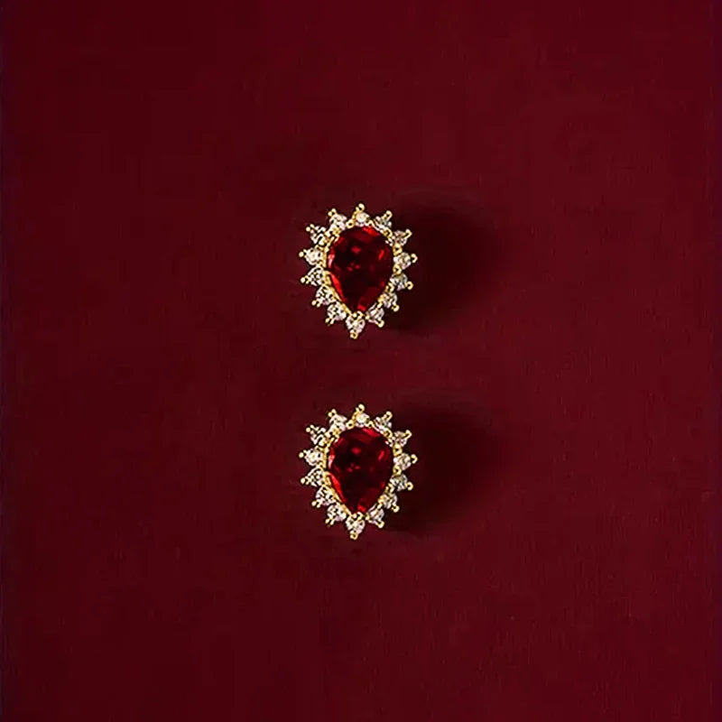 Huitan Red Cubic Zirconia Water Drop Stud Earrings Women