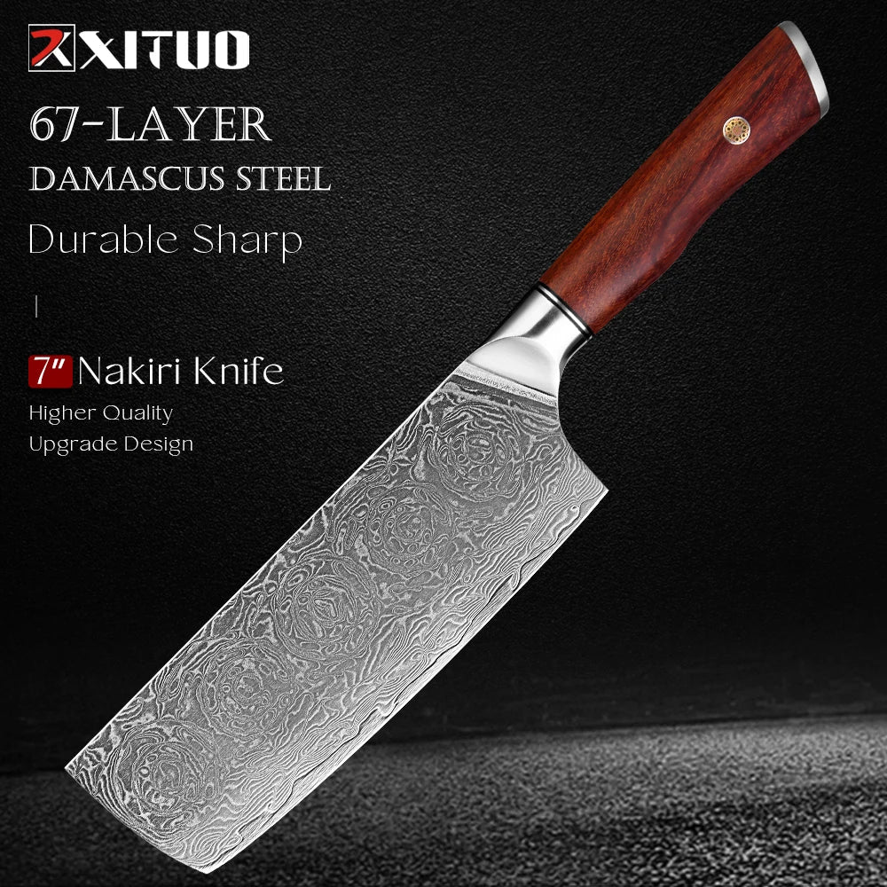 Damascus Nakiri Knife 7" Rosewood Handle | Japanese Vegetable Knife