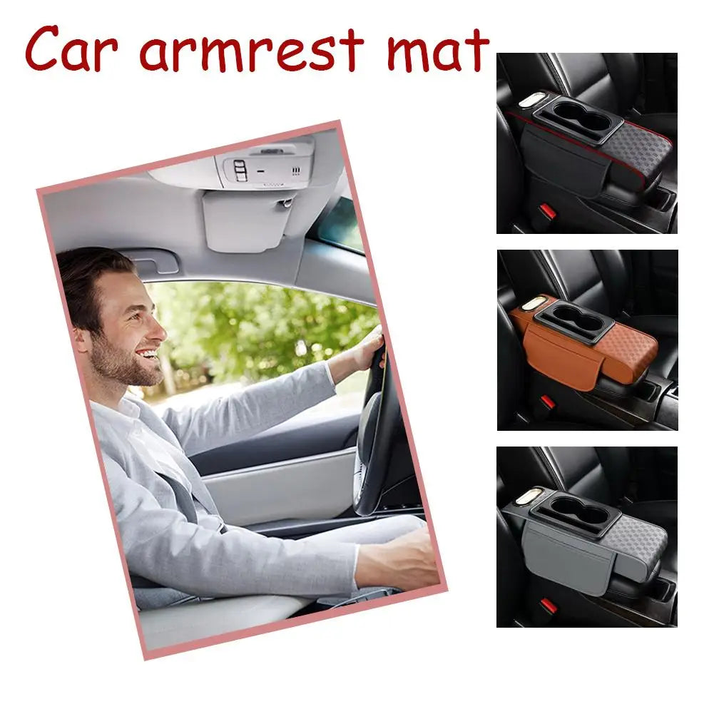 Car Armrest Cushion with Cup Holder & Tissue Pocket | Universal