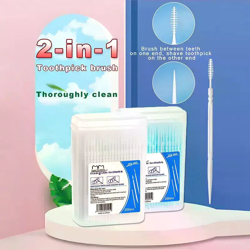 200pcs Disposable Floss Toothpick Brushes | Double-Head Dental Picks