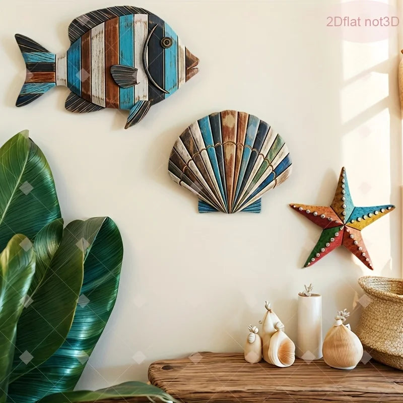 3-Piece Wooden Ocean Art – Fish Shell Starfish Farmhouse Decor