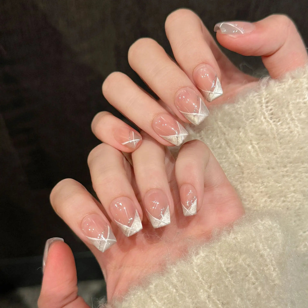 Short French Cat Eye Press On Nails | Korean Shiny Tips