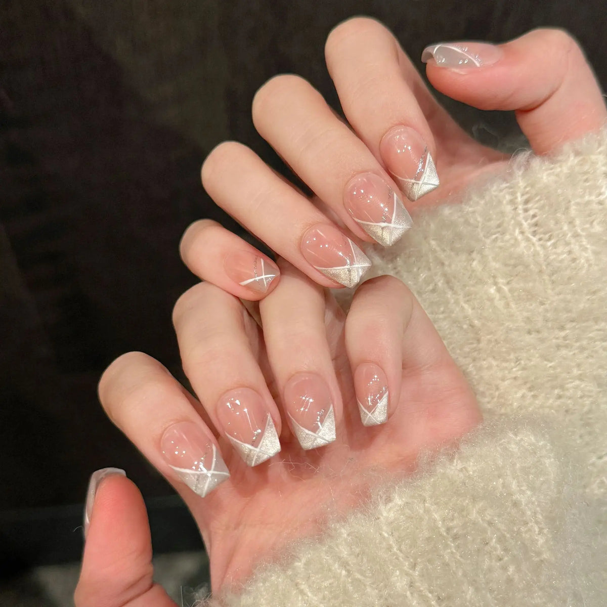 Short French Cat Eye Press On Nails | Korean Shiny Tips