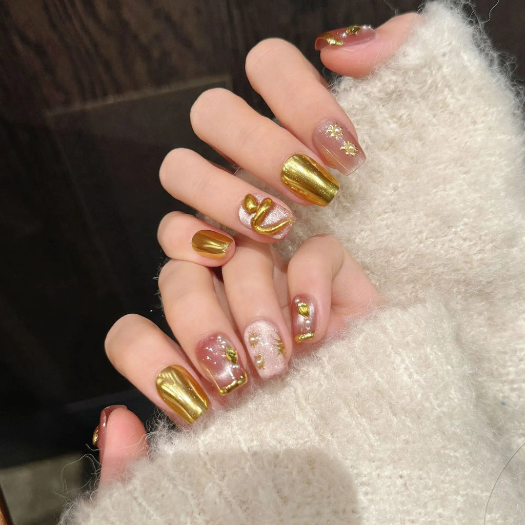 3D Gold Snake Press-On Nails | Cat Eye Short False Nail Tips