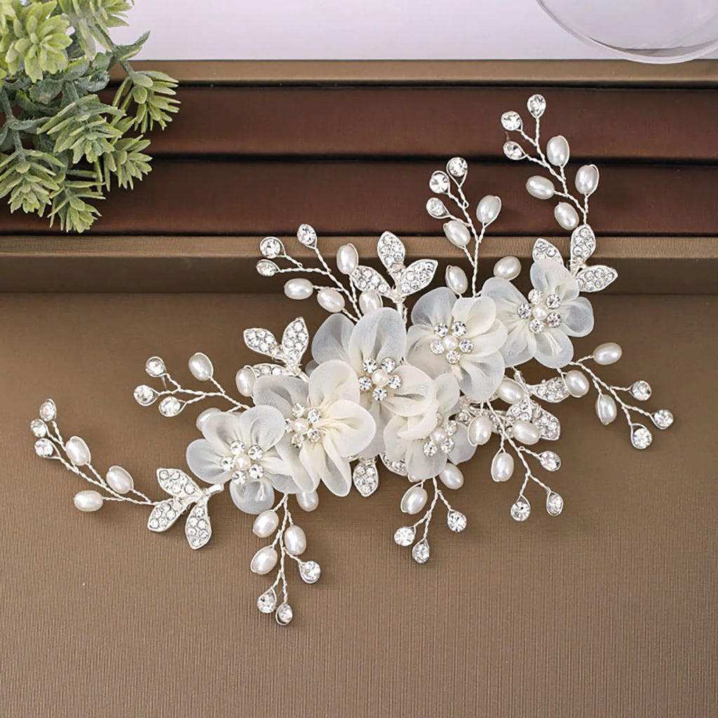White Flower Hair Clip with Rhinestones & Pearls | Floral Hairpin
