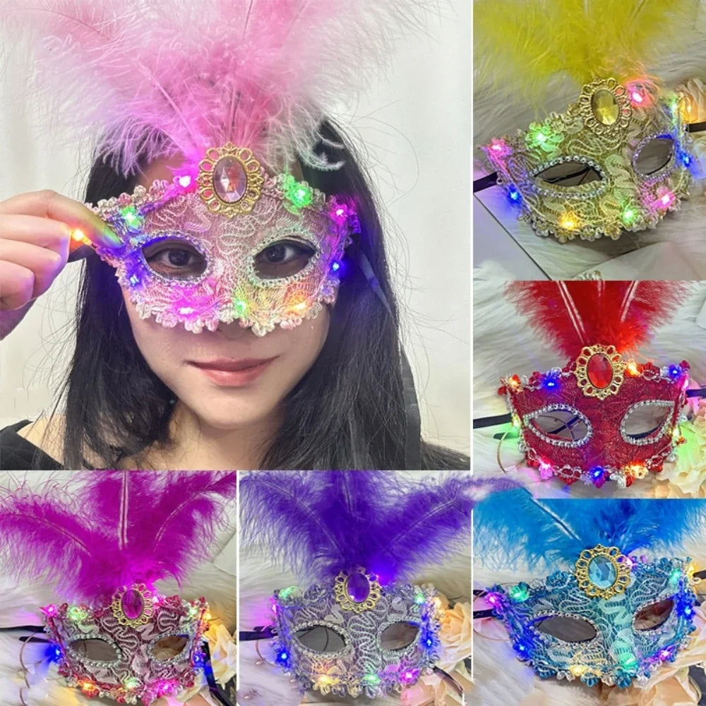 Venetian Venice Glowing Feather Led Masks Woman Fancy Dance Party Eye