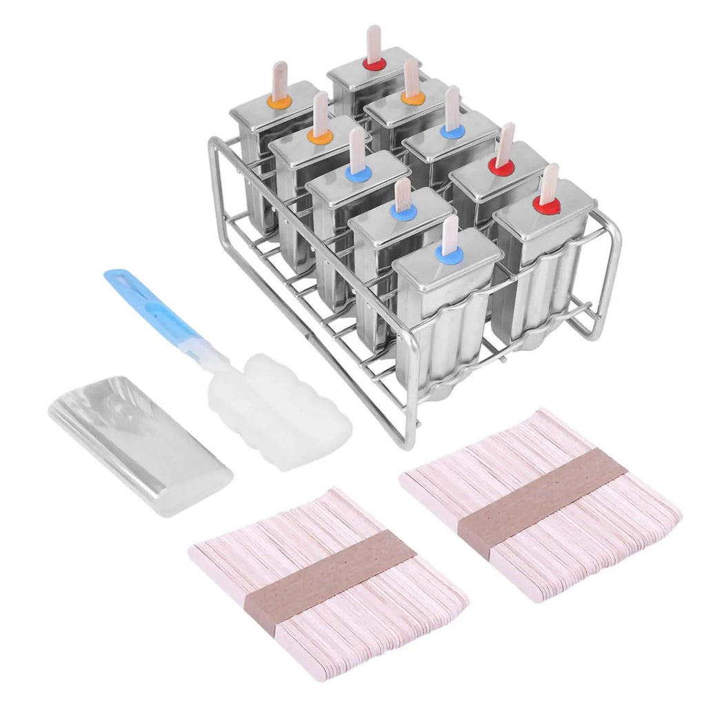 10 Molds Stainless Steel Ice Cream Mould Lolly Popsicle Stick Holder