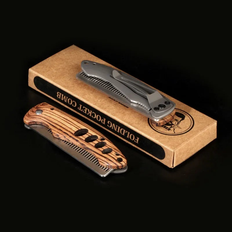 Solid Wood & Metal Folding Beard Comb – Travel Grooming Kit