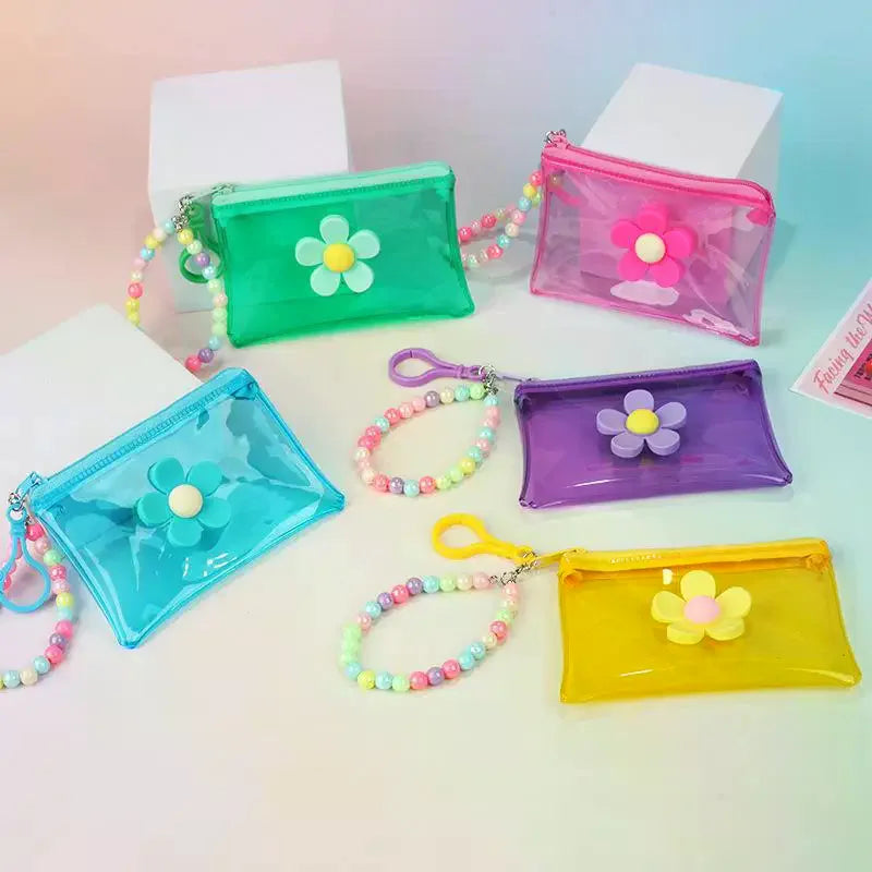 Flower Bead Chain Coin Purse – Clear PVC Zipper Mini Wallet