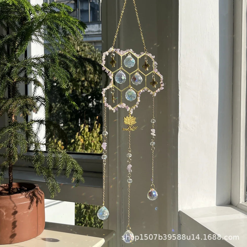 Sun Catcher Pendant Custom Wind Chimes Big Hive Small Bee Natural