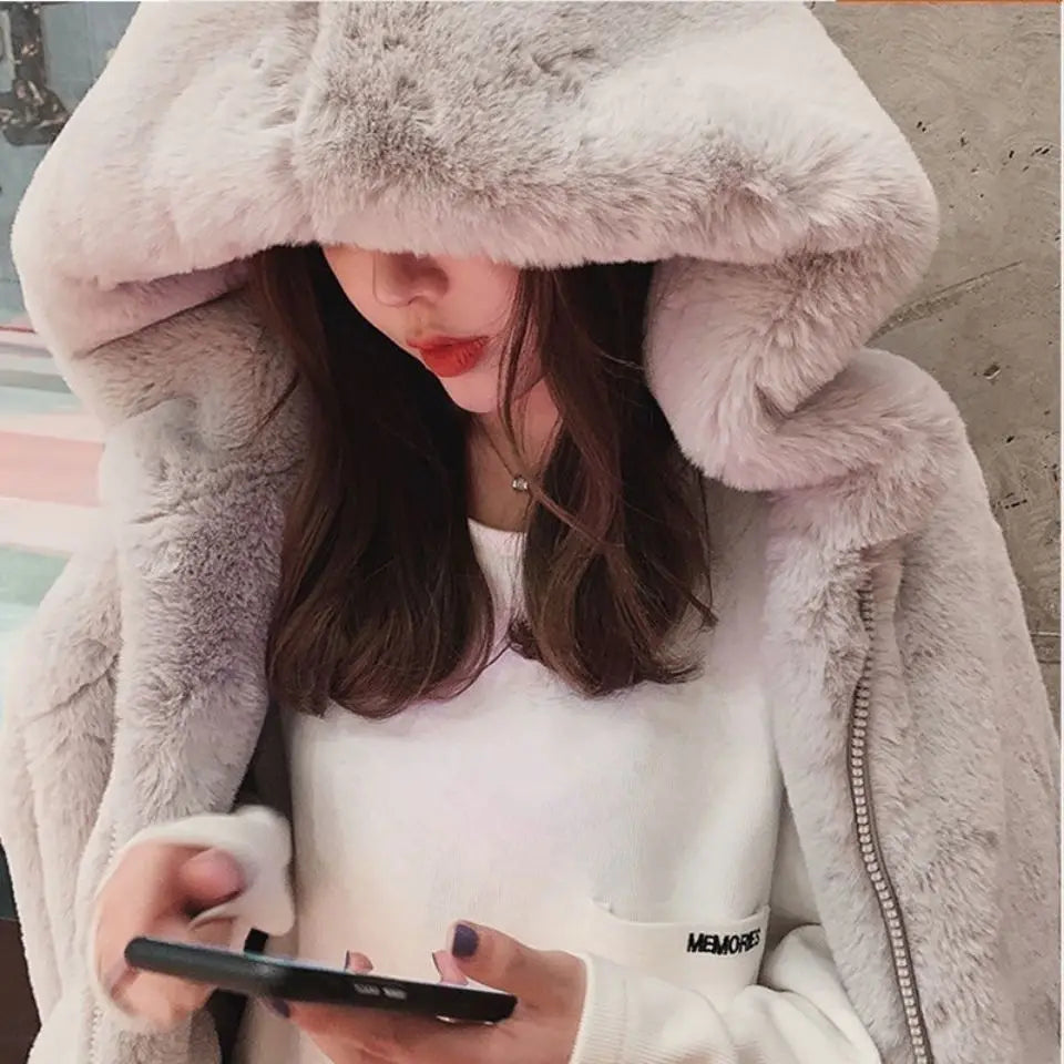 Women's Faux Mink Fur Hooded Coat – Plush Shaggy Jacket