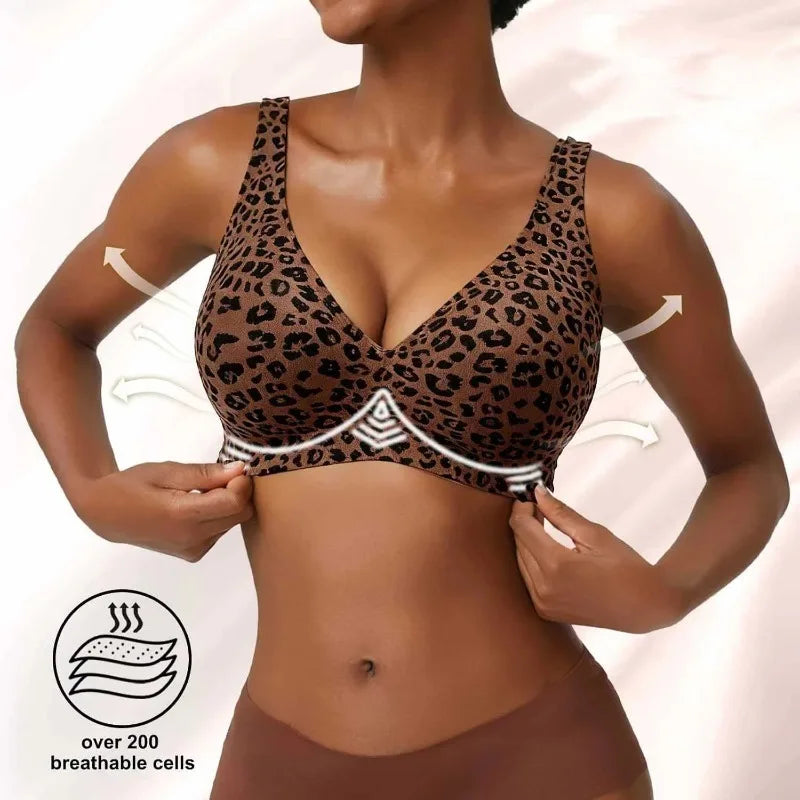 Leopard Print Wireless Bra – Seamless, Wire-Free, Full Cup