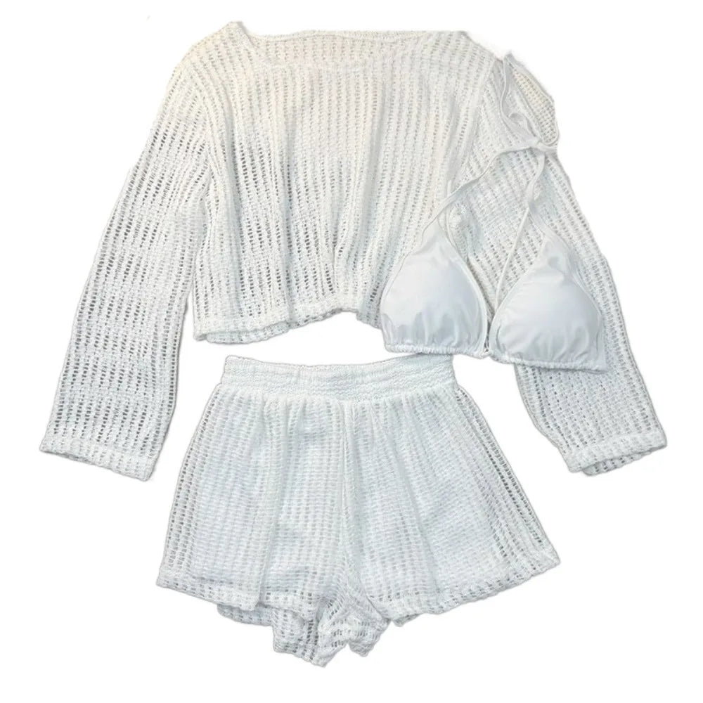 3-Piece Crochet Knit Swimsuit Set | Long Sleeve Beach Cover Up